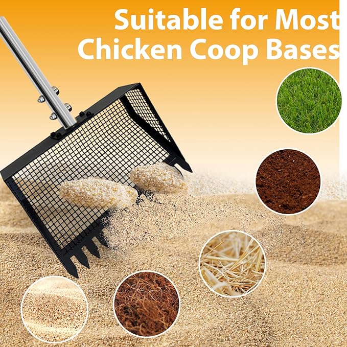 2 in 1 Chicken Poop Scooper & Rake, Chicken coop Scoop for Poop Sand with 22'' to 62" Adjustable Long Handle, Stainless Steel Sifting Shovel for Chicken Coops & Animals House