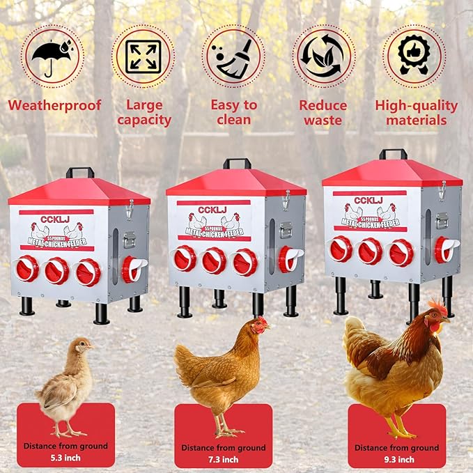55 LBS Automatic Chicken Feeder with Large View Window, 8 Anti-Waste Feed Ports, Adjustable Secure Lid for Poultry Feed Storage