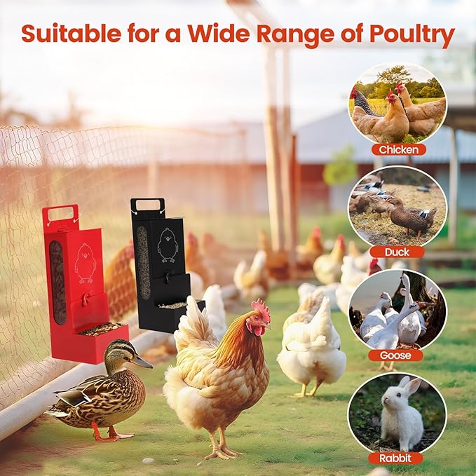 2Pcs Chicken Grit Feeder,Chicken Oyster Shell Feeder Weatherproof Heavy-duty,Feed-Level Indicator with a Top Lid and a Bottom Cap,Hanging Chicken Coop Accessories, Metal Automatic Chicken Feeder，