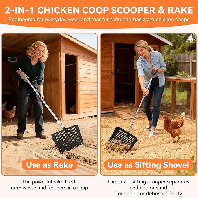 Chicken Poop Scooper & Rake 2-in-1, Chicken Coop Accessories with 13in Wider PP Head & Adjustable Stainless Steel Handle, 33''-69'' Pooper Scooper Sand Sifting Shovel Litter for Small Farm Animals