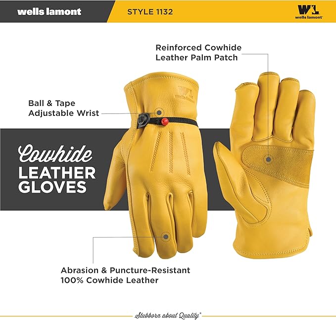 Wells Lamont Leather Work Gloves for Men – Heavy Duty, Cowhide, Abrasion & Puncture Resistant – Adjustable Wrist, Gunn Cut Design, Ideal for Ranching, Farming, Construction - Saddletan - L