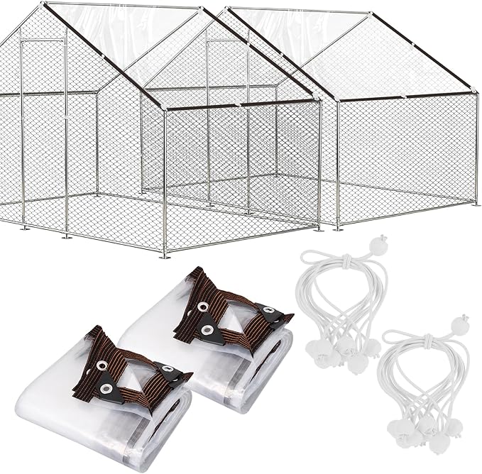 2 PCS 6.6x13 Ft Chicken Coop Covers with 10 Pcs Ball Bungees Cords Transparent Waterproof Material Protection from Sun Rain Snow and Low Temperature