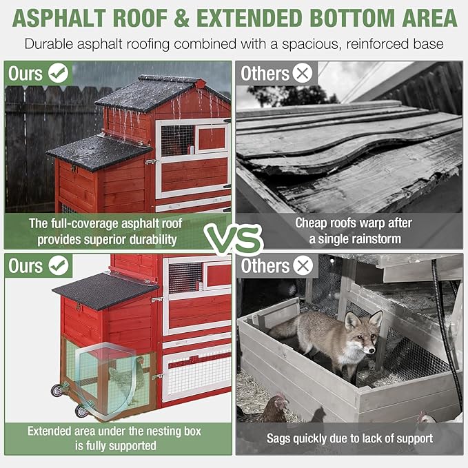 Chicken Coop for Outdoor - Poultry Cage with Wheels, Nesting Box, Leakproof Pull-on Tray, and Asphalt Waterproof Roof - Red