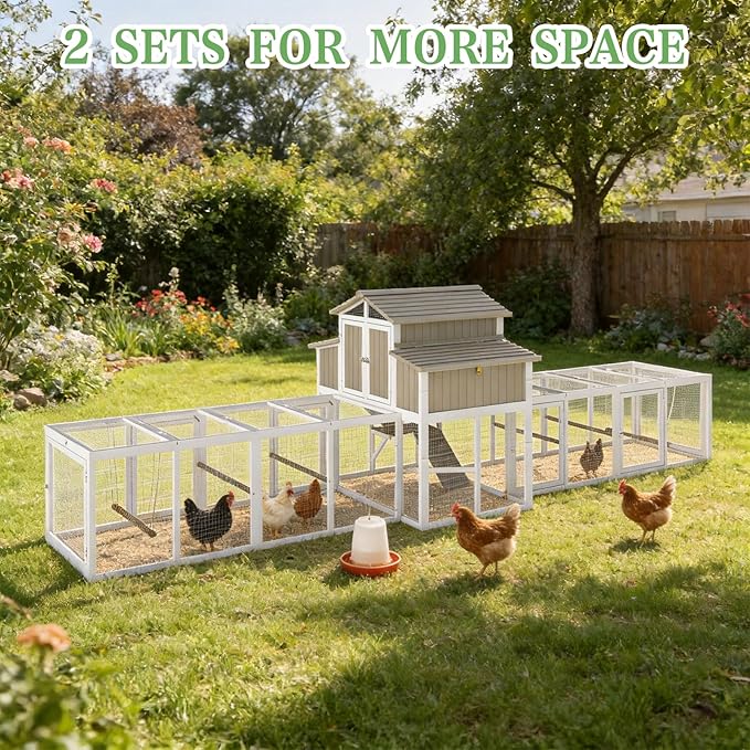 195.48" L 2-Story Chicken Coop with Extra Run Cage,Chicken House Hen House with 2 Large Nesting Boxes,Expandable Poultry Cage for 6-8 Chicken with 8 Perching Bars,Pull-Out Tray,Ramps(Grey)