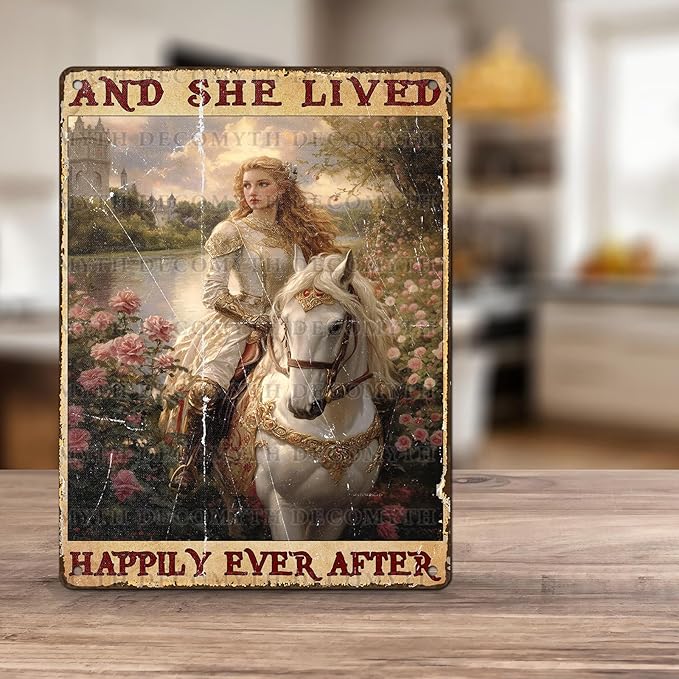 Vintage Horse Tin Sign And She Lived Happily Ever After Retro Girl Metal Poster Funny Pet Lovers Wall Art Cafe Wall Decor for Kitchen Office Garden Plaque Home Bar Plub Club Shop 12 * 16inch
