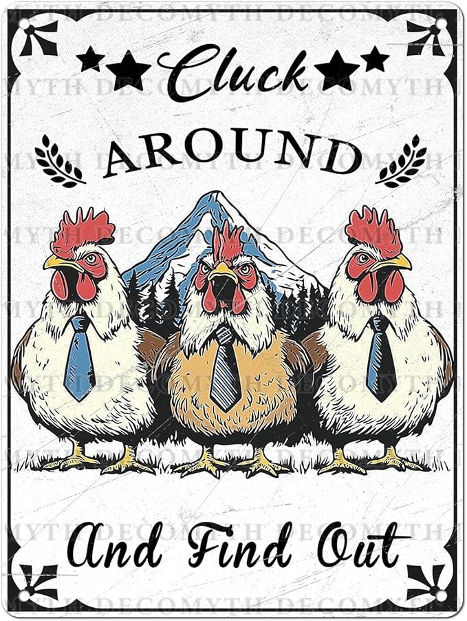 Vintage Chicken Coop Tin Sign Chicken Cluck Around And Find Out Retro Rooster Metal Poster Funny Pet Lovers Wall Art Decorations for Bar Farmhouse Garden Plaque 12 * 16inch