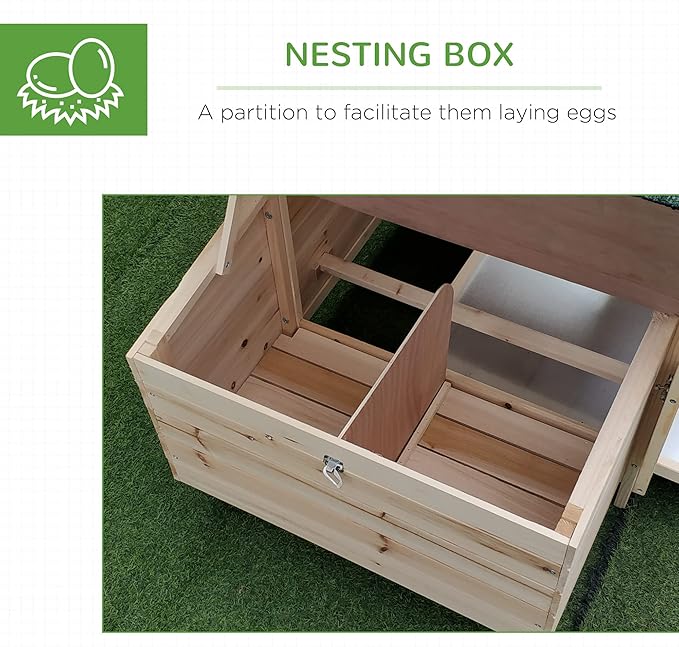 PawHut 77" Wooden Chicken Coop with Nesting Box, Cute Outdoor Hen House with Removable Tray, Ramp Run, for Garden Backyard, Natural