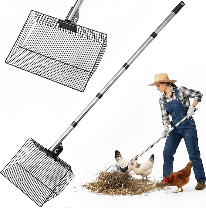 Chicken Poop Scooper, Litter Coop Scoop Rake Sand Sifting Shovel with Adjustable Long Handle (37" to 78"), Cleaning Tools Accessories for Chicken Coops & Farm Animals