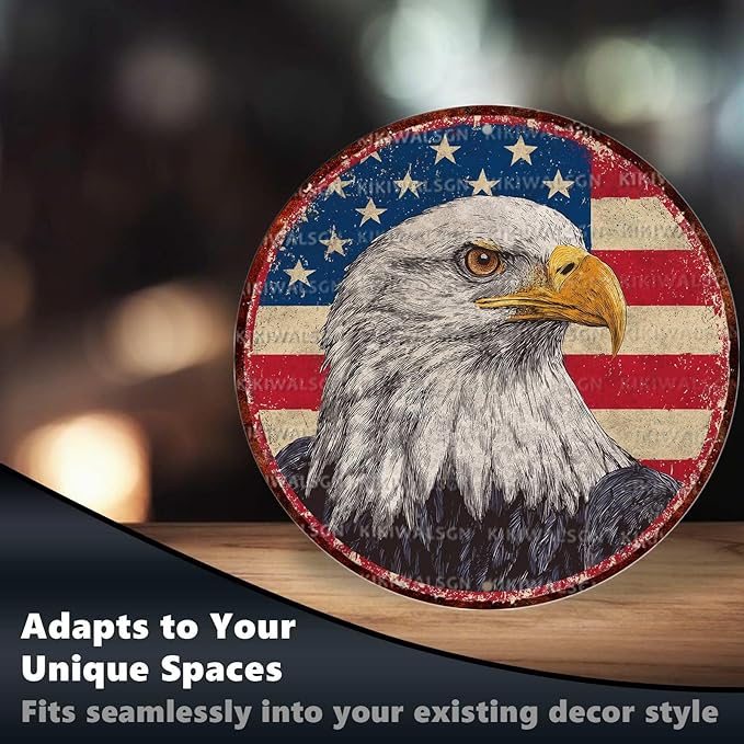 Vintage Bald Eagle Round Metal Sign Retro American flag Tin Sign Nostalgic Patriotism Wall Decor Decorations for Home Bedroom Living Room Cafe Bar Kitchen Yard Fence Door Outside 12 * 12 In