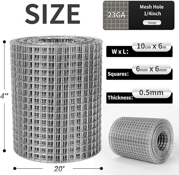 Hardware Cloth 4'' x 20' 1/4 in Galvanized Wire Mesh Roll (23 GA) Chicken Wire Fence Roll for Chicken Pen/coop Fences, Screen mesh, Rabbit/Snake Fences, Poultry enclosures, Handicraft Making, etc.