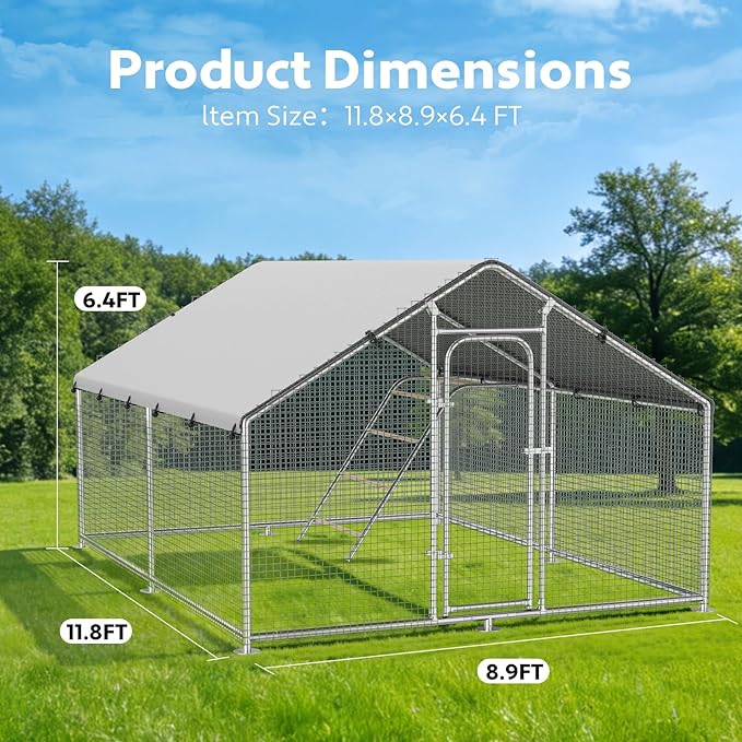 Large Metal Chicken Coop Run with Roosting Perch, Outdoor Poultry Cage with Heavy Duty Wire Mesh and UV-Resistant Cover for Chickens Use, Spire Roof (8.9'W x11.8'L x 6.6'H)