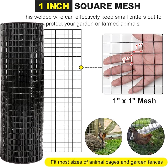 24'' x100' 1inch Hardware Cloth16 Gauge Black Vinyl Coated Welded Fence Mesh for Home and Garden Fence and Home Improvement Project (24'' x 100')