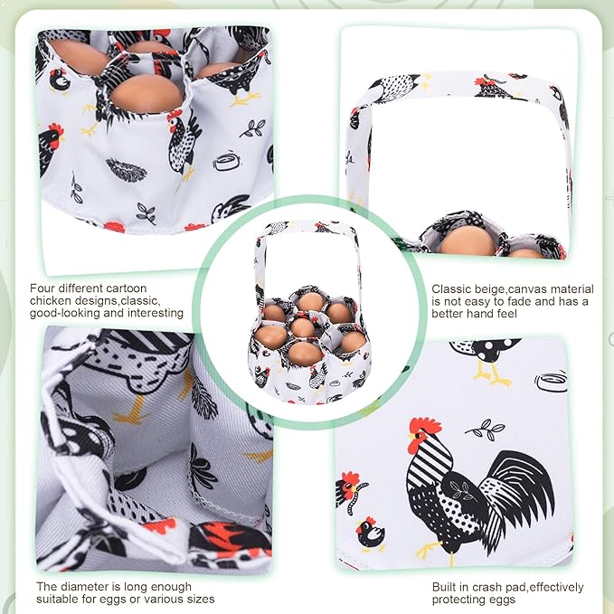 Egg Collecting Basket, Canvas Egg Basket for Gathering with 7 Pouches for Chicken, Duck, Goose, Bird, Various Poultry Collection (Red-crested)
