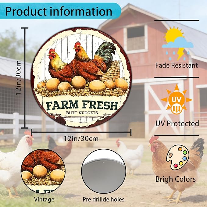 Antique Farm Fresh Eggs Metal Tin Sign Rustic Chicken Coop Decor Vintage Round Wall Art For Farmhouse Kitchen Outdoor Patio Retro Plaque 12 Inch