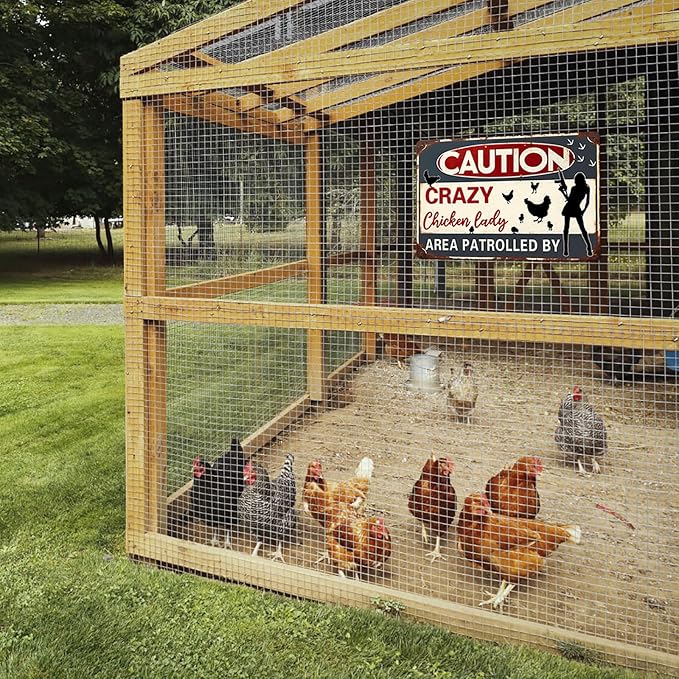 Caution Area Patrolled By Chicken Lady Metal Tin Sign Funny Farm Yard Fence Chicken Coop Caution Sign Outdoor Decor Lovers Gag Gifts 8x12 Inch