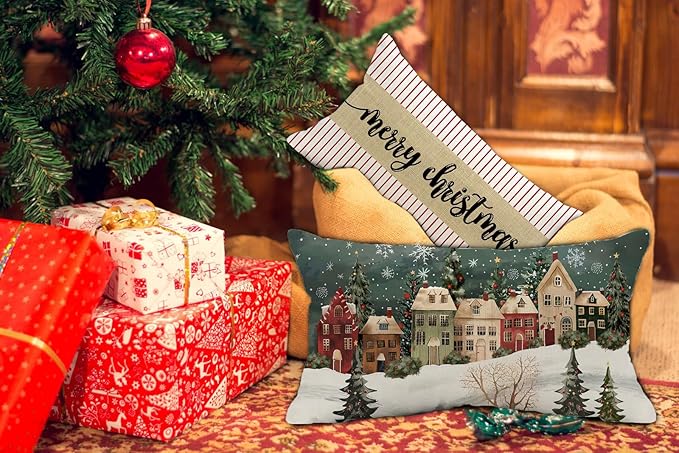 Christmas Lumbar Pillow Cover 12x20 Inch Green Wonderland Forest Tree House Decoration Holiday Farmhouse Pillow Case Decor for Home Sofa Couch