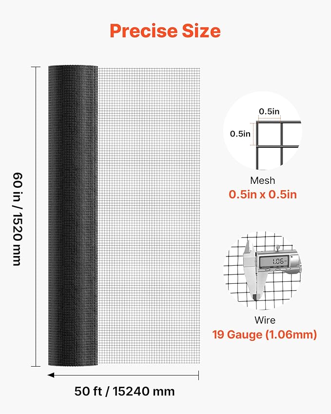 VEVOR Hardware Cloth 60 in x 50 ft, 1/2 in 19 Gauge Galvanized Wire Mesh Roll, Weather-Resistant Vinyl Coated Chicken Wire Fencing, Heavy Duty Welded Garden Plant Fencing for Rabbit Cage Snake Fence