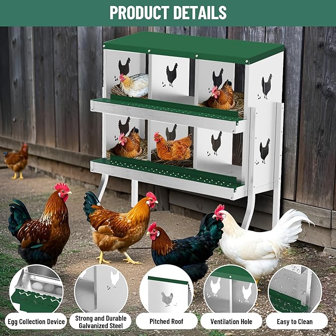 6-Hole Chicken Nesting Box, Rustproof Galvanized Steel Roll-Out Egg Collection with Vented Design, Laying Box for Hens, Poultry Coop Accessories for Egg Layers