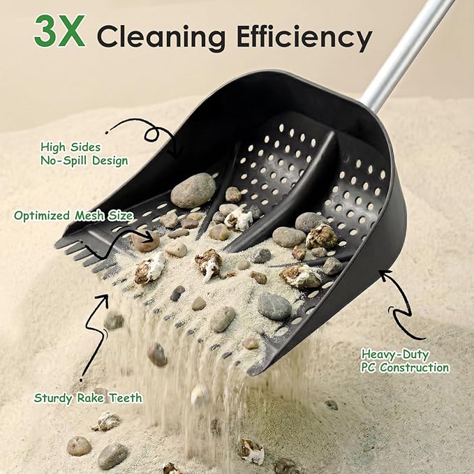 Heavy-Duty Yet Lightweight Chicken Poop Scooper & Rake 2-in-1, Adjustable Handle Length from 38" to 66", Features Manure Sifting Capability – Ideal for Chicken Coops and Farm Animal Cleaning (Black)