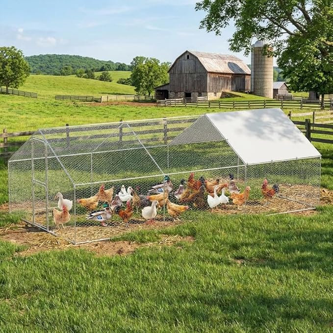 GarveeLife Large Metal Chicken Coop with Waterproof and Anti-UV Cover, Walk-in Poultry Cage, Outdoor Chicken Run for Backyard Farm Use, 9.8x19.7X 6.6 FT