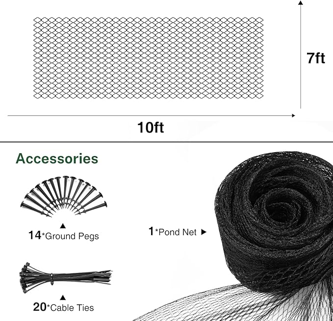 Pond Netting for Koi Ponds, 7 x 10ft Koi Pond Net Cover, Durable & Sturdy Pond Netting Cover for Leaves, Protect Koi Fish Against Herons, Raccoons, Cats & Predators, 12pcs Stakes Included