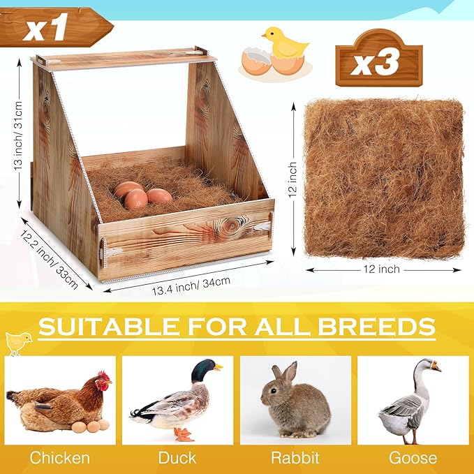Chicken Nesting Box with 3 Pads for Laying Eggs Plastic Hen Nest Box Wooden Surface Chicken Coop Laying Boxes for Hen Duck Poultry