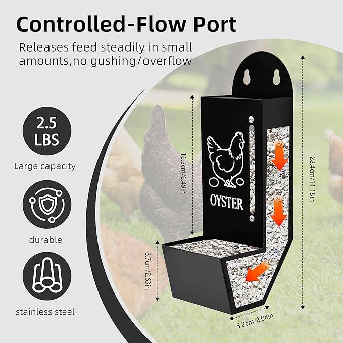 Chicken Grit and Oyster Shell Feeder, Poultry Feeder with Visual Window, No-Mess Weatherproof, Metal Hanging Gravity Chicken Feeder, Chicken Coop Accessories (Grit-Black)