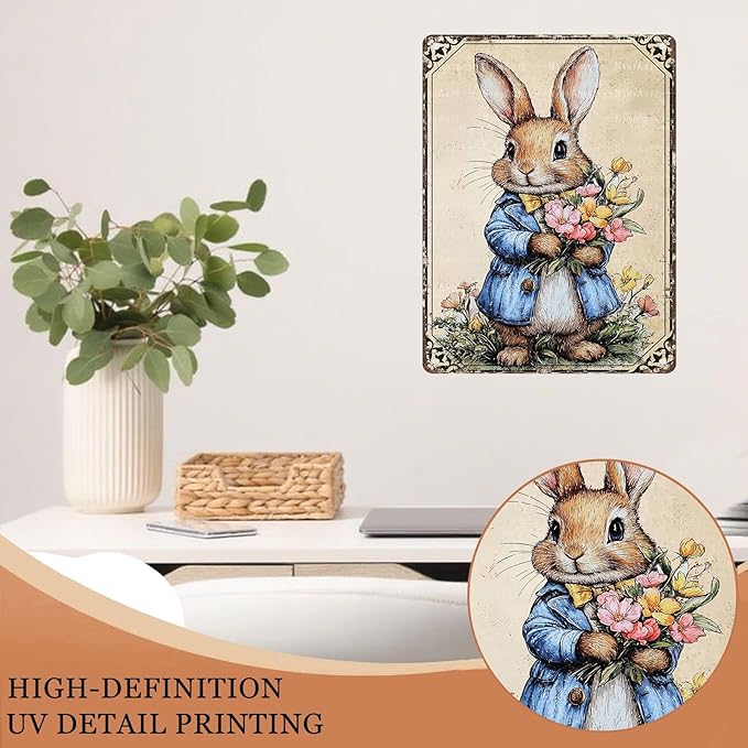 Easter Bunny Tin Sign Retro Sign Rabbit Vintage Retro Sign Home Decor Metal Sign for Home Garden Living Room Easter Wall Decorations 12X16Inch