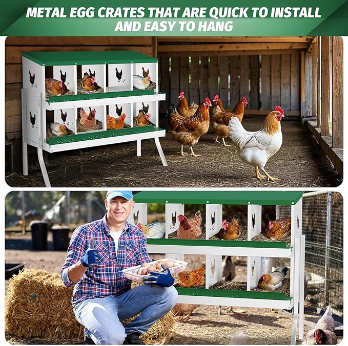 Chicken Nesting Boxes for Hens - 6&8&10 Compartments Roll Away Chicken Laying Boxes with Sturdy Metal Legs & Protective Lid Cover, Durable Galvanized Steel Construction, Easy Clean Design