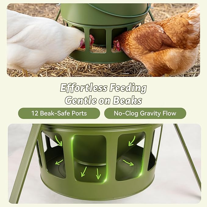 KOL Metal Chicken Feeder - 20lbs No Waste Chicken Feeder with 12 Ports, Powder Coated Rust-Proof Design & Smooth Edges for Safe Feeding (Avocado Green)