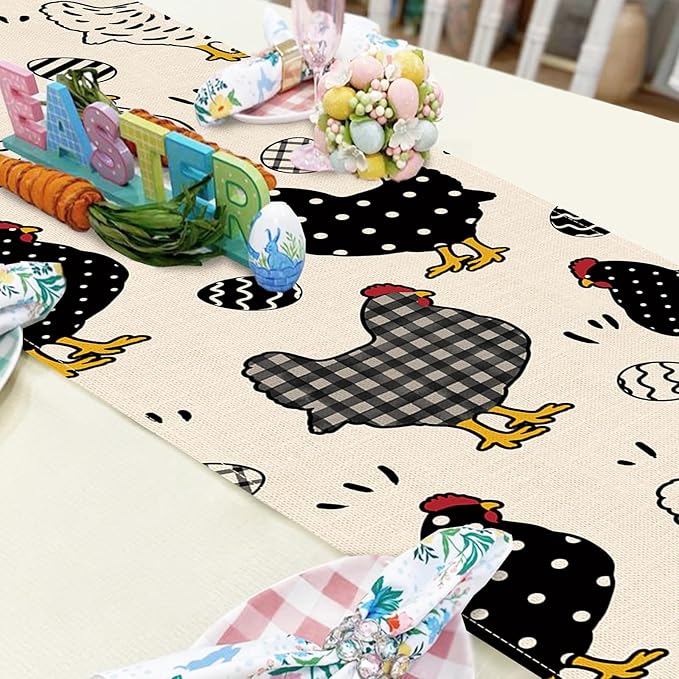 Seliem Chicken Hen Table Runner, Black White Eggs Plaid Polka Dots Farm Kitchen Dining Table Decor, Spring Farmhouse Burlap Home Decoration Indoor Outdoor Party Supply 13 x 36 Inches