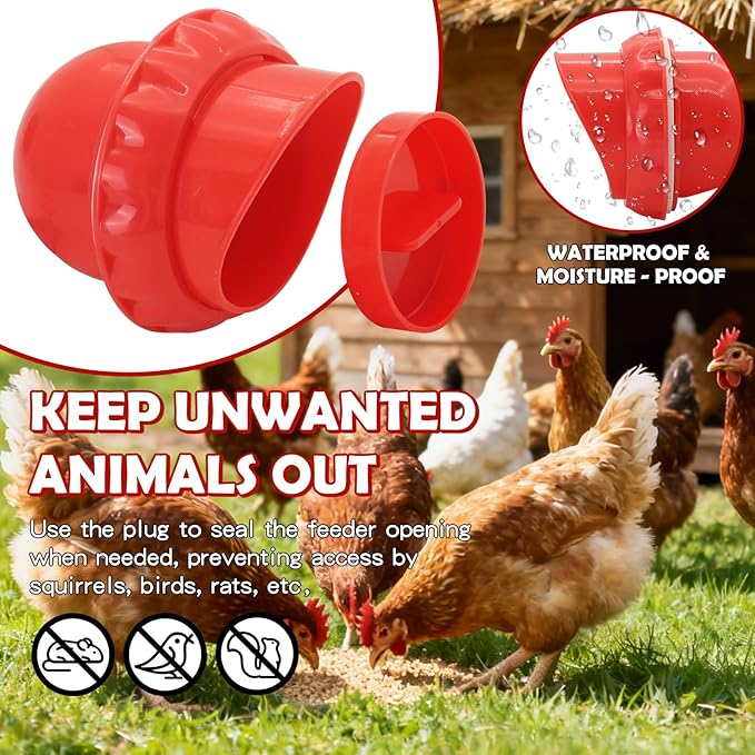 Chicken Feeders No Waste, DIY Automatic Poultry Feeder 8 Ports 1 Hole Saw with Covers Gravity Feed Kit for Buckets Barrels Bins Troughs (Red)