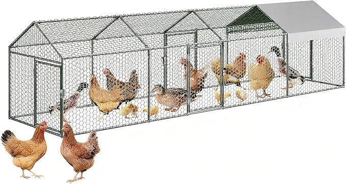 Large Metal Chicken Coop with Run for 20-30 Chickens - Outdoor Walk-in Poultry Cage with Anti-UV Waterproof Cover, Security Lock & Tri-Supporting Wire Mesh - Heavy Duty Hen House (160x40x40 Inch)