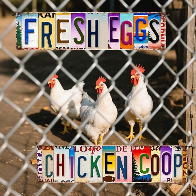 2Pcs Funny Chicken Coop Signs Chickens Sign Decor 4×16 Inch, Metal Tin Sign, Chickens Coops Accessories Garden Signs, Chicken Lovers Gift Easter Decorations Outdoor Wall Decor for Farm Yard