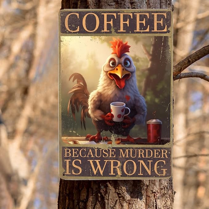 JOCASA Retro Chicken Coffee Vintage Metal Tin Sign Kitchen Wall Decor- Because Murder Is Wrong Aluminum Metal Poster Sign for Cafe, Bar, Bedroom, Funny Signs Gift,12''x 8''