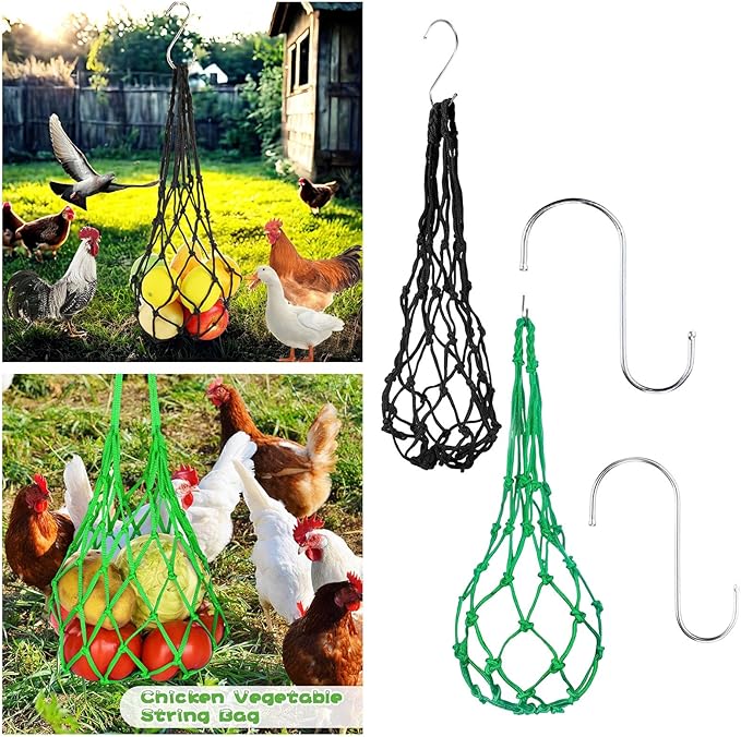 Reusable Hanging Chicken Feeder with S Hooks, Chicken Coop Flock Block Hanging Bag, Vegetable Fruit Mesh Bag for Hens Ducks Geese Poultry, Cabbage Holder Vertical Garden Accessories (Black-2pcs)