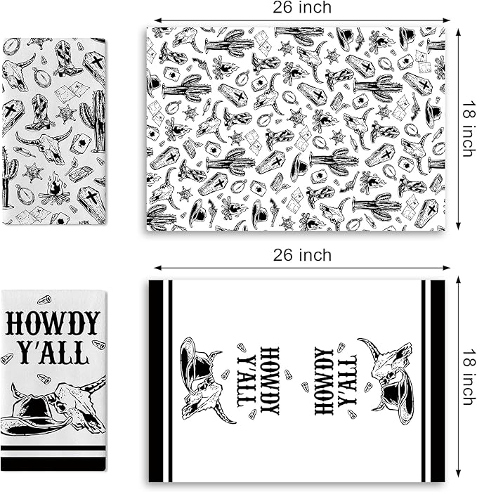 Howdy Y‘All Western Cowboy Kitchen Dish Towels Set of 2, Black White Bull Skull Hat Boot Cactus Drying Hand Towel Baking Cooking Cloth, Rustic Country Bathroom Home Decoration 18'' x 26''