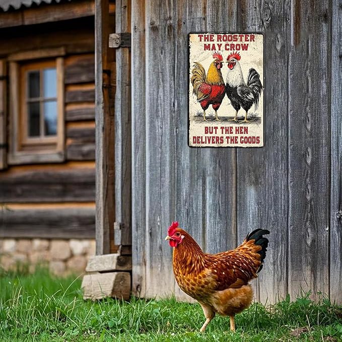 Funny Chicken Signs The Rooster May Crow But The Hen Delivers The Goods Aluminium Sign Metal Chicken Signs Decor Home Ktichen Farm Are Wall 12x8 Inch Vintage Chicken Signs Metal Tin Poster