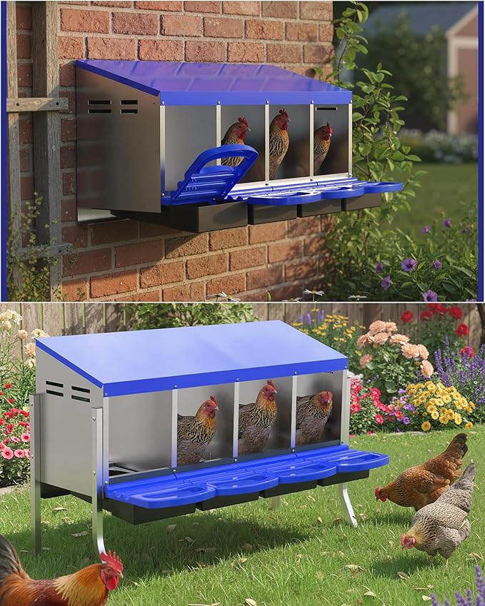 Chicken Nesting Box 4 Hole, Galvanized Steel Nest with Roll Away Egg Collection & Swing Perch, Easy-Clean Laying Box for Hens, Heavy Duty Design for Chicken Coop