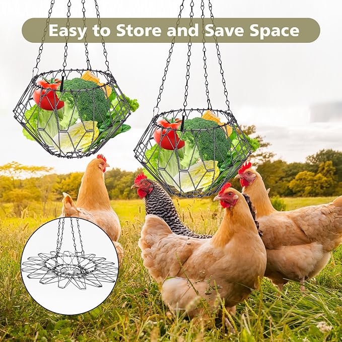 Hanging Chicken Feeder, Chicken Toys for Coop, Foldable Large Poultry Vegetable Fruits Feeder Basket with Hanging Chain, Chick Feeder for Chicken/Hens/Duck/Rabbit, M 2PCS