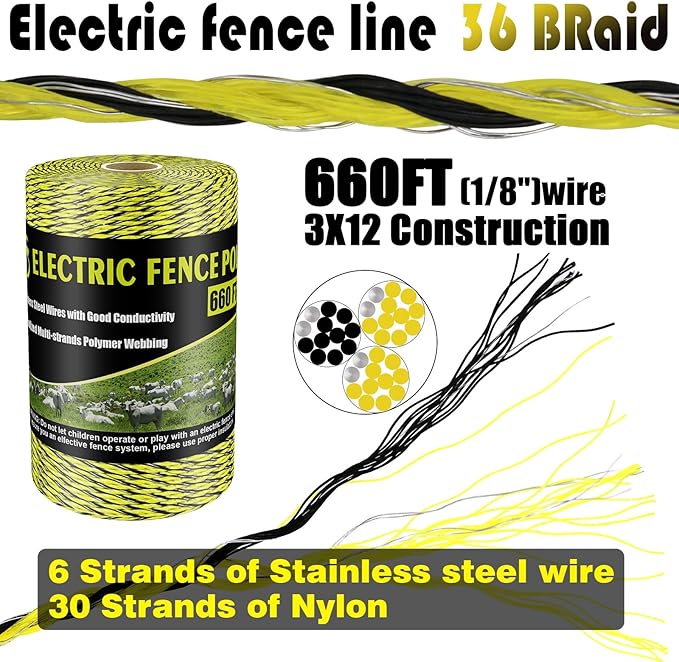 Electric Fence Poly Wire 660 Feet 200 Meters 1/8" Dia Portable Electric Fencing Polywires and 100 Pcs Black Electric Fence Insulator (Grid System Accessories for Animal Husbandry Electronic)