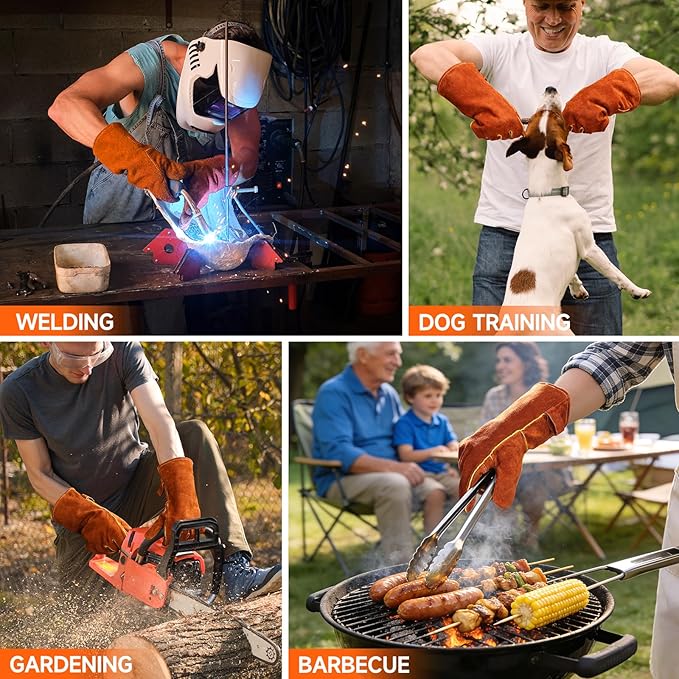 OZERO 932°F Heat Resistant Welding Gloves: 14 inches Cowhide Leather Long Sleeve and Insulated Lining Grill Glove - for Tig Mig Welder Forge Stove Oven Baking Fireplace Barbecue Grilling, Brown