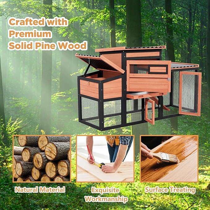 Chicken Coop, Large Wooden Chicken Coop with Nesting Boxes & Run Cage for 2-3 Chickens, Outdoor Hen House Poultry Hutch Rabbit Cage with No-Slip Ramp & Pull-Out Tray for Backyard Farm