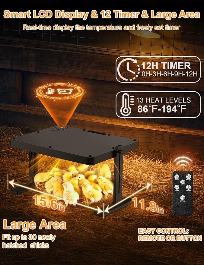 Chicken Brooder, 200W Anti-Scald Brooder Plate with Adjustable Temp(86~194℉) & 12H Timer & Height & Angle & Remote Control for Coops Poultry, 16x12in Large Brooder Heater for 30 Chicks