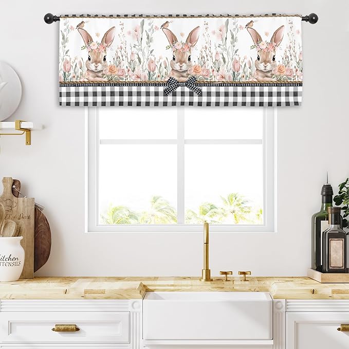 Miyotaa Easter Rabbit Bunny Kitchen Curtain Valance 54W x 18H Rod Pocket Plaid Buffalo Spring Flower Floral Window Treatment for Living Room Bedroom Bathroom