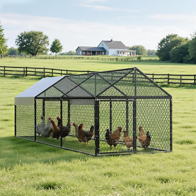 VEVOR Metal Chicken Coop for 6-8 Chickens, 3.3 x 9.8 x 3.3 ft, Small Chicken Cage with Waterproof Cover & 3 Doors, Spire Roof Poultry Run Compatible with Wooden Coops, for Rabbit Hen Goose Duck