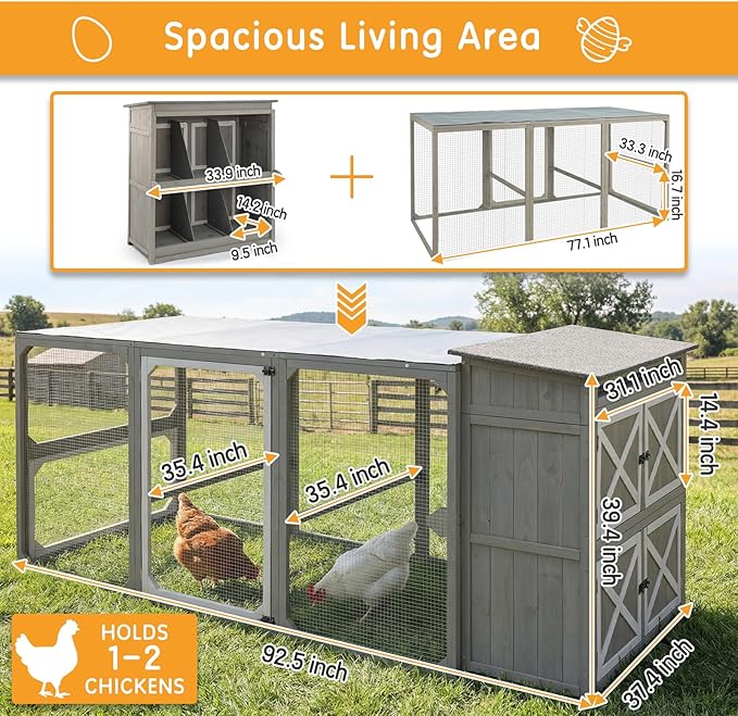 Large Chicken Coop with Run and Waterproof Cover, 92.5" Wooden Outdoor Hen House with 6 Nesting Boxes and Roosting Bars, Expandable Poultry Cage for 4–6 Chickens, Ducks or Rabbits, Backyard Farm Use