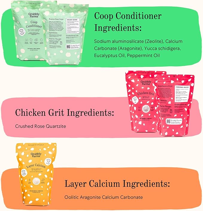 Grubbly Farms Coop Necessities Bundle - Chicken Grit, Layer Calcium & Coop Conditioner - Proper Digestion, Strong Eggshells & Odor Control - Rose Quartz Grit, Aragonite Calcium, Deodorizer - 3 Pack