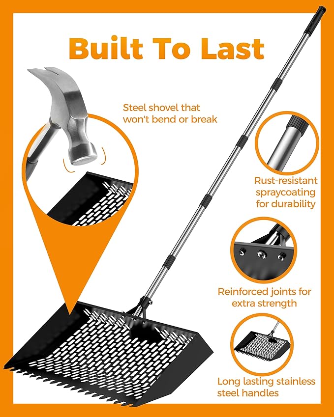 15 inches Large Chicken Poop Scooper & Rake 2-in-1, Adjustable Chicken Coop Pooper Shovel (37 to 77"), Sifting Litter Shovel Scoop for Chicken Coop/Goat Stall/Stable Cleaning Tool