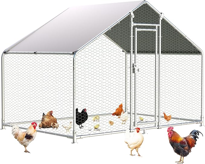 Large Metal Chicken Coops 6.4Lx9.84Wx6.6H FT for 8/10/16 Chickens with Run, Walk in Chicken Run Chicken Pen with Cover and Feeding Door, Spire Poultry Cage Hen House for Yard with Cover